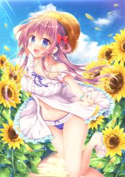 Rule 34 | 1girl, :d, arm up, bare shoulders, bikini, blue bikini, blue eyes, blue nails, blue sky, blush, bow, bow bikini, bracelet, breasts, brown hair, cloud, cloudy sky, collarbone, commentary request, day, dress, field, flower, flower field, frilled bikini, frills, groin, hair between eyes, hair bow, hat, jewelry, long hair, medium breasts, moe2018, nail polish, navel, open clothes, open dress, open mouth, original, outstretched arm, red bow, sandals, sky, smile, solo, standing, standing on one leg, straw hat, sunflower, sunflower field, sunlight, suzukawa yui, swimsuit, toenail polish, toenails, very long hair, white dress, white footwear, yellow flower