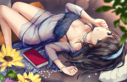 Rule 34 | 1girl, babydoll, black hair, blue babydoll, blue eyes, blue panties, blue ribbon, blurry, blurry foreground, book, breasts, cleavage, couch, depth of field, flower, hair ribbon, highres, idolmaster, idolmaster cinderella girls, jewelry, lingerie, looking at viewer, lying, medium breasts, medium hair, monety, necklace, on back, on couch, panties, pearl necklace, ribbon, sagisawa fumika, see-through, solo, underwear, upside-down, yellow flower