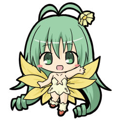Rule 34 | 1girl, :d, absurdly long hair, alraune (p&amp;d), antenna hair, bare arms, bare shoulders, blush stickers, boots, breasts, brown footwear, chibi, collarbone, commentary request, dress, flower, full body, green eyes, green hair, hair between eyes, long hair, monster girl, multiple wings, open mouth, outstretched arm, plant girl, puzzle &amp; dragons, ri-net, short dress, simple background, small breasts, smile, solo, standing, standing on one leg, strapless, strapless dress, very long hair, white background, white dress, wings, yellow flower, yellow wings