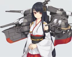 Rule 34 | 10s, 1girl, bare shoulders, black hair, cannon, detached sleeves, fusou (kancolle), hair ornament, japanese clothes, jpeg artifacts, kantai collection, long hair, red eyes, rokuwata tomoe, simple background, solo, turret