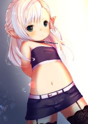 Rule 34 | 1girl, arms behind back, belt, belt buckle, black skirt, black thighhighs, buckle, closed mouth, commentary request, commission, crop top, demimushi, final fantasy, final fantasy xiv, garter straps, green eyes, highres, lalafell, long hair, looking at viewer, navel, pointy ears, skeb commission, skirt, smile, solo, strapless, thighhighs, tube top, warrior of light (ff14), white belt, white hair