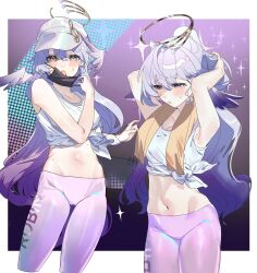 Rule 34 | 1girl, absurdres, alternate costume, armpits, arms up, bare arms, bare shoulders, baseball cap, commentary request, eamut1, grey hair, hat, highres, honkai: star rail, honkai (series), leggings, long hair, looking at viewer, midriff, multiple views, navel, pants, pink pants, robin (honkai: star rail), stomach, tank top, thighs, very long hair, white tank top