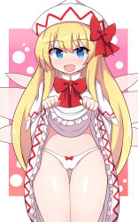 Rule 34 | 1girl, bare legs, blonde hair, blue eyes, blush, border, bow, bow panties, bowtie, cameltoe, capelet, cleft of venus, commentary request, dress, eyelashes, fairy wings, frills, hair between eyes, hair bow, hands up, hat, lifting own clothes, lily white, long hair, long sleeves, looking at viewer, micro panties, open mouth, outside border, panties, pink background, red bow, red bowtie, rizento, simple background, smile, solo, standing, tongue, touhou, underwear, white border, white capelet, white dress, white hat, white panties, wide sleeves, wings