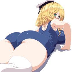 Rule 34 | 1girl, ass, ass focus, blonde hair, breasts, dd (ijigendd), glasses, hat, highres, i-8 (kancolle), kantai collection, large breasts, long hair, looking at viewer, low twintails, lying, on stomach, one-piece swimsuit, peaked cap, red-framed eyewear, school swimsuit, semi-rimless eyewear, simple background, solo, swimsuit, thighhighs, twintails, twitter username, white background