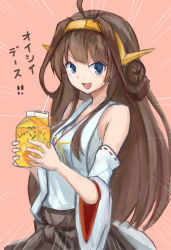 Rule 34 | &gt;:d, 10s, 1girl, :d, bare shoulders, blue eyes, brown eyes, brown hair, detached sleeves, double bun, emphasis lines, hair bun, hairband, headgear, highres, japanese clothes, juice box, kantai collection, kongou (kancolle), lipton, looking at viewer, nontraditional miko, okitsugu, open mouth, simple background, smile, solo, translation request, v-shaped eyebrows