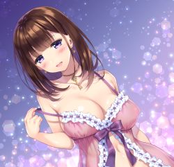 Rule 34 | 1girl, babydoll, bare shoulders, blush, breasts, brown hair, cleavage, jewelry, key, large breasts, looking at viewer, navel, necklace, off shoulder, open mouth, purple eyes, smile, solo, soubi kotobaasobi, standing
