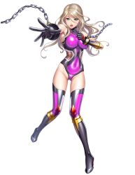 Rule 34 | 1girl, absurdres, action taimanin, blonde hair, blush, bodysuit, breasts, chain, colored skin, crossed arms, elbow gloves, female focus, full body, gloves, green eyes, highres, kunai, large breasts, lilith-soft, long hair, looking at viewer, official art, sano toshihide, shiny skin, simple background, smile, solo, standing, taimanin (series), taimanin asagi, taimanin rpgx, taimanin suit, tekkain kaworu (taimanin asagi battle arena), weapon, white background, white skin