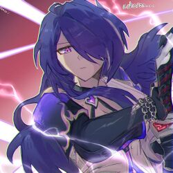 Rule 34 | acheron (honkai: star rail), armor, artist name, black gloves, breasts, burntsaltchip12, chain, chain around arm, character name, chromatic aberration, cleavage, closed mouth, coat, commentary, derivative work, diamond-shaped pupils, diamond (shape), english commentary, gloves, hair intakes, hair over one eye, highres, holding, holding sword, holding weapon, honkai: star rail, honkai (series), looking at viewer, medium breasts, multicolored hair, purple eyes, purple hair, shoulder armor, single bare shoulder, streaked hair, sword, symbol-shaped pupils, weapon, white coat