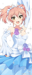 Rule 34 | 10s, 1girl, arm up, bare shoulders, breasts, dancing, dress, hand on own hip, idolmaster, idolmaster cinderella girls, jewelry, jougasaki mika, mizuki makoto, necklace, pink hair, scrunchie, simple background, small breasts, smile, solo, sparkle, strapless, strapless dress, tiara, twintails, yellow eyes