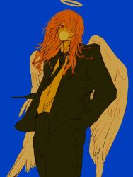 Rule 34 | 1girl, angel devil (chainsaw man), angel wings, black jacket, black pants, blue background, chainsaw man, collared shirt, floating neckwear, formal, hair over one eye, halo, hands in pockets, highres, jacket, long hair, looking at viewer, messy hair, orange hair, pants, pecopecosupipi, red eyes, shirt, simple background, solo, suit, white shirt, white wings, wings