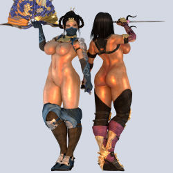 Rule 34 | 1girl, 2girls, 3d, a reyko, abs, absurdres, armor, ass, back, bare back, black hair, blue gloves, breasts, brown eyes, cleavage, curvy, dark-skinned female, dark skin, female focus, gloves, gold, highres, hip focus, holding, huge ass, jewelry, kitana, mask, mileena (mortal kombat), mortal kombat (series), multiple girls, navel, nipples, nude, pink gloves, shiny skin, stomach, thick thighs, thighhighs, thighs, tiara, weapon, wide hips