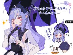 2girls ahoge bangboo_(zenless_zone_zero) belle_(zenless_zone_zero) black_nails black_thighhighs blue_hair blush_stickers bow bowtie center_frills chinese_commentary chinese_text commentary_request franhill frills hand_on_own_cheek hand_on_own_face highres holding holding_umbrella long_hair long_sleeves looking_at_viewer mole mole_under_eye multiple_girls pointy_ears purple_hair red_eyes simple_background sparkle thighhighs translation_request triangle_mouth twitter_username umbrella upper_body vivian_(zenless_zone_zero) white_background zenless_zone_zero