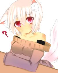 Rule 34 | 1girl, :&lt;, ?, animal ears, bad id, bad pixiv id, bare shoulders, blush, breasts, collarbone, contemporary, inubashiri momiji, looking at viewer, red eyes, shiroi kuroro, short hair, silver hair, simple background, solo, tail, touhou, white background, wolf ears, wolf tail