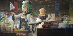 Rule 34 | 1boy, 1girl, albedo (genshin impact), back-to-back, balance scale, banner, birthday cake, black gloves, blonde hair, blue dress, blue flower, blue gemstone, blue ribbon, book, book stack, braid, brooch, cake, coat, cowboy shot, dress, erlenmeyer flask, facing away, flask, flower, food, gears, gem, genshin impact, glasses, gloves, grass, half updo, hand up, hat, highres, holding, holding book, holding flask, hood, hood down, indoors, jewelry, laboratory, lily of the valley, long hair, long sleeves, open book, outstretched arm, paper, plant, potted plant, ribbon, scroll, short dress, short hair, short sleeves, smoke, sucrose (genshin impact), table, test tube rack, thighhighs, weighing scale, white coat, white gloves, white headwear, wide sleeves, writing, yellow eyes, youshun (naturaljuice), zettai ryouiki
