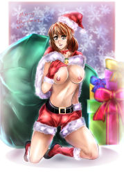 Rule 34 | 1girl, bag, bell, belt buckle, boots, breasts, brown eyes, brown hair, buckle, chirstmas, dress, gift, gift bag, gloves, hand on own chest, hat, kneeling, large breasts, looking at viewer, on floor, original, penzoom, red ribbon, red skirt, ribbon, santa boots, santa costume, santa dress, santa gloves, santa hat, sexually suggestive, short hair, skirt, smile, snowflakes, solo