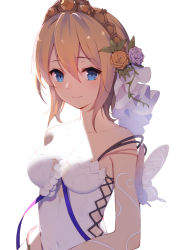 Rule 34 | 1girl, animal, bare shoulders, blonde hair, blue eyes, breasts, brown flower, brown rose, bug, butterfly, cleavage, closed mouth, collarbone, commentary request, dress, europa (granblue fantasy), flower, gin00, granblue fantasy, hair between eyes, hair flower, hair ornament, highres, insect, looking at viewer, medium breasts, purple flower, purple rose, rose, sidelocks, simple background, smile, solo, strapless, strapless dress, tiara, upper body, white background, white dress