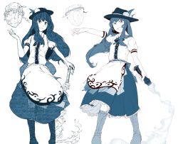 Rule 34 | apron, belt, blouse, bow, bowtie, buttons, cross-laced footwear, dress shirt, floating, food, frills, fruit, hat, hi you (flying bear), highres, hinanawi tenshi, keystone, leaf, long hair, looking at viewer, monochrome, neck ribbon, peach, puffy short sleeves, puffy sleeves, revision, ribbon, shirt, shoes, short sleeves, simple background, sword of hisou, touhou, white shirt, wing collar