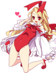 Rule 34 | 1girl, bat wings, blonde hair, bow, breasts, demon tail, detached sleeves, disgaea, fang, female focus, flat chest, flonne, flonne (fallen angel), full body, hair ribbon, heart, high heels, kneeling, leotard, long hair, makai senki disgaea, red eyes, red leotard, ribbon, salute, shoes, small breasts, smile, solo, tail, tail bow, tail ornament, white background, wings, yu (pixiv), yunomi (p-3-q)