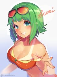 Rule 34 | 1girl, absurdres, aqua eyes, bare shoulders, blurry, blush, breasts, character name, cleavage, crop top, fingernails, goggles, goggles on head, gradient background, green hair, grin, gumi, highres, large breasts, long fingernails, looking at viewer, nail polish, nou (nounknown), off shoulder, orange goggles, red-tinted eyewear, short hair, single bare shoulder, smile, solo, spread fingers, tan, tanline, tinted eyewear, twitter username, undressing, upper body, vocaloid