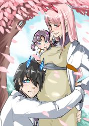 Rule 34 | 10s, 1boy, 2girls, aged up, beige dress, black hair, blossomppg, blue eyes, blue horns, blue sky, blush, breasts, cherry blossoms, child, cloud, cloudy sky, coat, commentary, couple, darling in the franxx, day, dress, english commentary, formal, green dress, green eyes, hand on another&#039;s back, hand on another&#039;s leg, hetero, highres, hiro (darling in the franxx), horns, hug, jacket, long hair, long sleeves, looking at another, medium breasts, multiple girls, one eye closed, oni horns, open clothes, open jacket, petals, pink hair, pregnant, purple hair, red horns, short hair, signature, sky, suit, tree, white coat, white jacket, zero two (darling in the franxx)