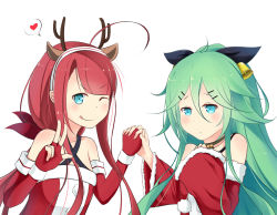 Rule 34 | &gt;;q, 10s, 2girls, ;q, adapted costume, asymmetrical bangs, bare shoulders, bell, black ribbon, blue eyes, blush, christmas, collarbone, detached sleeves, elbow gloves, fake antlers, fingerless gloves, fur-trimmed sleeves, fur trim, gloves, green hair, hair between eyes, hair ornament, hair ribbon, hairband, hairclip, heart, holding hands, interlocked fingers, jingle bell, jjfire, kantai collection, kawakaze (kancolle), long hair, looking at viewer, multiple girls, one eye closed, pointy ears, ponytail, red gloves, red hair, red ribbon, ribbon, sidelocks, simple background, speech bubble, spoken heart, tongue, tongue out, upper body, v-shaped eyebrows, w, white background, wide sleeves, yamakaze (kancolle)