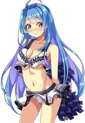 Rule 34 | 1girl, ahoge, alternate costume, arms behind back, azur lane, blue hair, breasts, character name, cheerleader, cleavage, clothes lift, clothes writing, collarbone, commentary request, cowboy shot, crop top, crop top overhang, helena (azur lane), highres, holding, holding pom poms, long hair, looking at viewer, macaroni hourensou, medium breasts, midriff, miniskirt, navel, panties, pantyshot, pink eyes, pom pom (cheerleading), pom poms, shirt, simple background, skirt, skirt lift, sleeveless, sleeveless shirt, smile, solo, standing, underwear, white background, white panties, white shirt, white skirt, wind, wind lift