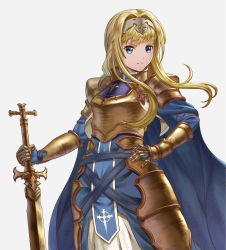 Rule 34 | 1girl, alice zuberg, armor, blonde hair, blue eyes, commentary request, ebinomi, frown, gauntlets, gold armor, hairband, hand on own hip, highres, holding, holding sword, holding weapon, long hair, looking at viewer, simple background, solo, sword, sword art online, sword art online: alicization, very long hair, weapon, white background