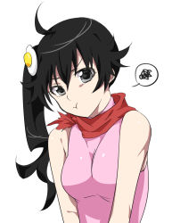 Rule 34 | 1girl, absurdres, ahoge, araragi karen, bare shoulders, black hair, breasts, closed mouth, egg hair ornament, food-themed hair ornament, grey eyes, hair ornament, highres, kakoikaren, long hair, medium breasts, monogatari (series), neckerchief, pink shirt, pout, red neckerchief, shirt, side ponytail, simple background, sleeveless, sleeveless shirt, solo, upper body, white background