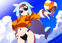 Rule 34 | 1girl, alternate costume, alternate hairstyle, ashe (mega man), ball, bikini, bikini bottom only, black bikini, blue hair, cloud, commentary request, commission, crop top, cropped jacket, green eyes, holding, holding ball, jacket, kaidou zx, long hair, mega man (series), mega man zx, mega man zx advent, midriff, navel, ocean, open clothes, open fly, orange jacket, pixiv commission, short hair, sky, sunglasses, swimsuit, variant set, volleyball (object), water