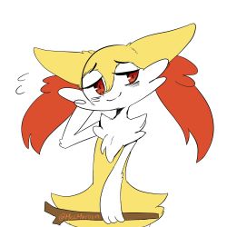 Rule 34 | 1girl, animal ear fluff, animal ears, arm behind head, artist name, blush, braixen, closed mouth, creatures (company), female focus, flying sweatdrops, fox ears, furry, furry female, game freak, gen 6 pokemon, hand up, happy, highres, holding, jpeg artifacts, looking away, looking to the side, mezmaroon, nintendo, pokemon, pokemon (creature), red eyes, shy, simple background, smile, solo, standing, stick, twitter username, white background
