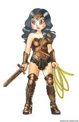Rule 34 | 1girl, amazon warrior, armor, black hair, brown eyes, chibi, dawn of justice, dc comics, dccu, greaves, lasso, lasso of truth, pteruges, sandals, simple background, solo, sword, tiara, vambraces, voxvulpina, weapon, wedge heels, white background, wonder woman, wonder woman (series)