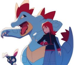Rule 34 | 1boy, black eyes, black jacket, blue pants, commentary request, creatures (company), feraligatr, game freak, gen 2 pokemon, highres, holding, holding poke ball, jacket, long hair, long sleeves, looking to the side, male focus, nintendo, pants, parted lips, poke ball, poke ball (basic), pokemon, pokemon (creature), pokemon gsc, red hair, silver (pokemon), simple background, sneasel, standing, turtleneck, turtleneck jacket, tyako 089, white background