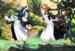 Rule 34 | 2girls, animal ears, apron, artist name, black dress, blue hair, brown hair, cat ears, cat girl, cat tail, dress, full body, garden, happy, holding, looking at another, maid, multiple girls, original, outdoors, smile, tail, umishima senbon, white apron