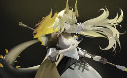 1girl absurdres ahoge arknights black_jacket black_shirt blonde_hair breasts closed_eyes closed_mouth dragon_girl dragon_horns dragon_tail dress flower hair_ornament highres holding holding_staff horns infection_monitor_(arknights) jacket light_in_heart long_hair long_sleeves long_tail mpocky multiple_horns reed_(arknights) reed_the_flame_shadow_(arknights) shirt solo staff tail upper_body white_dress white_flower yellow_horns