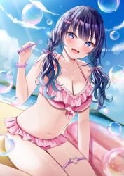 Rule 34 | 1girl, :d, bare shoulders, bikini, black hair, blue eyes, blue sky, blush, bracelet, braid, breasts, bubble wand, cleavage, cloud, collarbone, commentary request, day, hair over shoulder, hand up, highres, holding, innertube, jewelry, lake, long hair, looking at viewer, low twintails, medium breasts, navel, open mouth, original, outdoors, pink bikini, polka dot, polka dot bikini, sakura hiyori, sitting, sky, smile, solo, summer, swim ring, swimsuit, twin braids, twintails, wariza, water