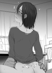 Rule 34 | 1boy, 1girl, blush, bottomless, commentary, cowgirl position, girl on top, glasses, greyscale, highres, implied sex, indoors, medium hair, monochrome, original, sakaki imasato, solo focus, stealth sex, straddling