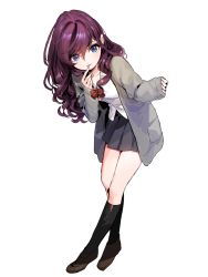 Rule 34 | 10s, 1girl, blue eyes, bow, bowtie, collarbone, finger to mouth, full body, highres, homua, ichinose shiki, idolmaster, idolmaster cinderella girls, jacket, kneehighs, long sleeves, open clothes, open jacket, pleated skirt, purple hair, shirt, shoes, simple background, skirt, socks, solo, white background, white shirt