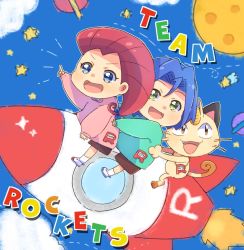 Rule 34 | 1boy, 1girl, age regression, aged down, blue background, blue eyes, blue hair, chibi, creatures (company), game freak, gen 1 pokemon, green eyes, james (pokemon), jessie (pokemon), meowth, moon, nintendo, pokemon, pokemon (anime), pokemon (creature), red hair, rocket, shiro1030, space, team rocket, toddler