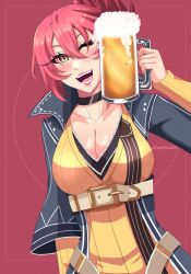 1girl alcohol azumishard beer beer_mug black_choker breasts choker cleavage coat cup double-parted_bangs eiyuu_densetsu foam hair_between_eyes hair_bun holding holding_cup large_breasts mixed-language_commentary mug one_eye_closed open_mouth pink_background pink_hair sara_valestein sen_no_kiseki_(series) simple_background smile solo yellow_eyes