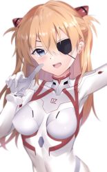 Rule 34 | 1girl, @shun, blue eyes, blush, bodysuit, breasts, evangelion: 3.0+1.0 thrice upon a time, eyepatch, hair ornament, highres, interface headset, long hair, looking at viewer, medium breasts, neon genesis evangelion, numbered, open mouth, plugsuit, rebuild of evangelion, smile, solo, souryuu asuka langley, two side up, white bodysuit