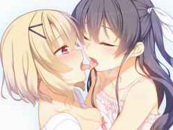 Rule 34 | 2girls, black hair, blonde hair, breasts, camisole, cleavage, collarbone, closed eyes, fang, flat chest, french kiss, game cg, hair ornament, hairclip, heavy breathing, kiss, long hair, medium breasts, multiple girls, racer (magnet), red eyes, saliva, tears, tongue, tongue out, upper body, yuri