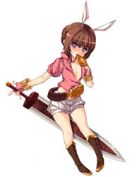 Rule 34 | 1girl, animal ears, belt, boots, breasts, brown hair, cleavage, collarbone, elin, female focus, fingerless gloves, full body, gloves, highres, holding, holding behind back, holding sword, holding weapon, huge weapon, looking at viewer, midriff, mouth hold, no bra, open clothes, open shirt, petite, purple eyes, rabbit ears, shirt, short hair, short shorts, shorts, simple background, small breasts, solo, standing, sword, tama (tamatamo), tera online, unsheathed, weapon, white background