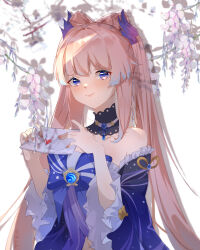 Rule 34 | 1girl, absurdres, blue dress, blue eyes, bow, detached collar, detached sleeves, dress, dress bow, envelope, genshin impact, hair bow, heart, highres, holding, holding letter, horn ornament, horns, jewelry, letter, long hair, looking at viewer, luobotou cuncun zhang, midriff peek, multicolored eyes, necklace, off shoulder, pink eyes, pink hair, sangonomiya kokomi, solo, twintails, vision (genshin impact), white background