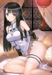 Rule 34 | 1girl, absurdres, black gloves, black hair, blush, breasts, china dress, chinese clothes, cleavage, cleavage cutout, clothing cutout, dress, elbow gloves, floral background, floral print, flower, frills, gloves, grey eyes, hair ornament, high heels, highres, indoors, long hair, looking at viewer, medium breasts, original, panties, panty pull, parted lips, pillow, ping-yi (tony taka), scan, shiny skin, short dress, simple background, sleeveless, solo, thigh strap, tony taka, underwear