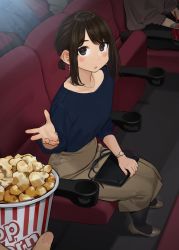 Rule 34 | 1girl, bag, black pantyhose, blouse, blue shirt, brown footwear, brown skirt, commentary request, cup, douki-chan (douki-chan), drinking straw, food, ganbare douki-chan, handbag, high heels, highres, jewelry, necklace, pantyhose, parted bangs, popcorn, shirt, skirt, yomu (sgt epper)