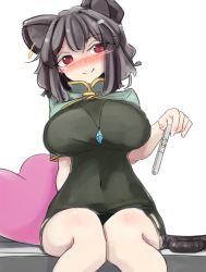 Rule 34 | 1girl, animal ears, black dress, blush, breasts, capelet, dress, grey hair, jewelry, knees together feet apart, large breasts, microdress, mouse ears, mouse tail, nazrin, necklace, nose blush, panties, pantyshot, pregnancy test, red eyes, sitting, smile, solo, tail, torso (hjk098), touhou, underwear