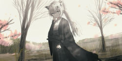 Rule 34 | 1girl, absurdres, animal ears, arknights, bare tree, black gloves, black hakama, black nails, blue eyes, blurry, blurry foreground, chihuri, closed mouth, day, depth of field, elbow gloves, fingerless gloves, flower, gloves, hair between eyes, hair ornament, hairclip, hakama, hakama skirt, high ponytail, highres, japanese clothes, katana, kimono, lappland (arknights), long sleeves, looking at viewer, nail polish, open clothes, outdoors, pink flower, ponytail, scar, scar across eye, scar on face, sheath, sheathed, skirt, smile, solo, sword, tree, weapon, white hair, white kimono, wide sleeves