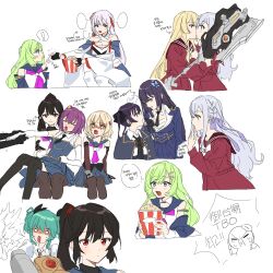 Rule 34 | !, 1other, 6+girls, :d, = =, ?, ??, absurdres, afterimage, aqua eyes, aqua hair, arm grab, artist self-insert, assault lily, bare shoulders, belt, black gloves, black hair, black necktie, black ribbon, black thighhighs, blank speech bubble, blonde hair, blue cloak, blue jacket, blue sailor collar, blue shirt, blue skirt, blush, braid, breasts, brown pantyhose, brown sailor collar, bucket, butterfly hair ornament, cleavage, cloak, closed mouth, collared shirt, commentary request, criss-cross halter, cropped legs, cropped torso, crossed arms, crying, danji bang, detached sleeves, elbow gloves, epaulettes, explosion, expressionless, eye contact, face-to-face, flower, flower knot, food, funada kiito, funada ui, garter straps, gauntlets, gloves, glowstick, green eyes, green hair, grey hair, hair between eyes, hair flower, hair ornament, hair ribbon, hairclip, half gloves, halterneck, hand on another&#039;s cheek, hand on another&#039;s face, hand to own mouth, hands up, high-waist skirt, highres, hishida haru, holding, holding bucket, holding glowstick, holding weapon, imamura yukari (assault lily), jacket, japanese clothes, kanba girls high school uniform, kawabata hotaru, kawanabe nazuna, kimono, kimono skirt, kiss, knees together feet apart, kon kanaho, korean text, large breasts, long hair, long sleeves, looking at another, looking at viewer, looking away, looking down, looking to the side, looking up, medium hair, miniskirt, miyagawa takane, mole, mole under mouth, multiple girls, multiple views, nagasawa yuki (assault lily), neckerchief, necktie, nose blush, notice lines, o o, odaiba girls high school uniform, off shoulder, open mouth, out of frame, pantyhose, parted lips, partially fingerless gloves, pink flower, pink hair, pleated skirt, ponytail, popcorn, profile, pulling, purple eyes, purple hair, purple neckerchief, purple ribbon, red belt, red eyes, red ribbon, red shirt, red skirt, ribbon, sailor collar, school uniform, serafuku, shaded face, shirt, short hair, siblings, side braid, simple background, sisters, sitting, sitting on lap, sitting on person, sketch, skirt, sleeveless, sleeveless shirt, smile, speech bubble, spoken exclamation mark, spoken question mark, standing, suzuki chinami, sweat, takehisa nakaba, tassel, teeth, thighhighs, translation request, twintails, two-tone shirt, upper teeth only, v-shaped eyebrows, very long hair, wavy mouth, weapon, white background, white kimono, white necktie, white pantyhose, white ribbon, white shirt, wide sleeves, yellow eyes, yuri