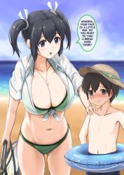 Rule 34 | 1boy, 1girl, age difference, artist request, beach, black hair, breasts, child, embarrassed, hard-translated, hat, kantai collection, large breasts, little boy admiral (kancolle), navel, original, sand, topless male, short twintails, souryuu (kancolle), sun hat, swimsuit, third-party edit, translated, tube, twintails