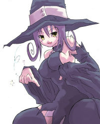 Rule 34 | 00s, blair (soul eater), breasts, hat, large breasts, lowres, pointing, purple hair, soul eater, thighhighs, witch, witch hat, yellow eyes